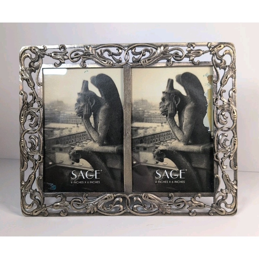 Sage Brand Ornate Baroque Picture Frame Pewter Holds Two‎ 4"x6" Pics NOS